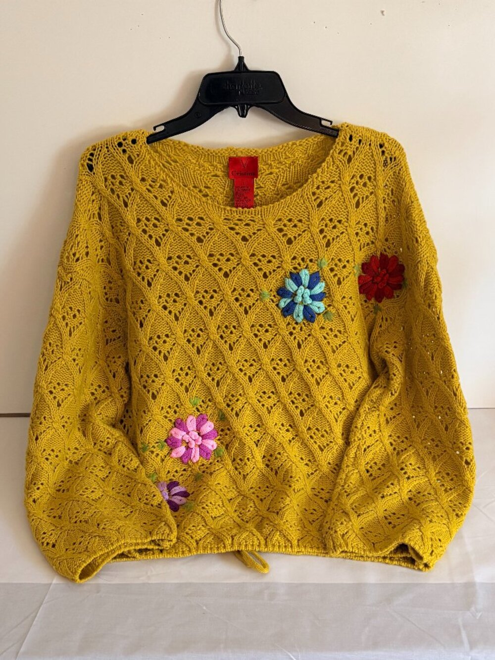 V Cristina Yellow Crochett Embroider Flowers Long Sleave Crewneck Sweater Size L